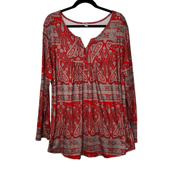 Halife Red/Grey Paisley Printed Round Split -V w/Buttons Flowy Tunic Top Sz 3X - Picture 2 of 14